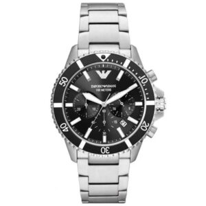 Emporio Armani AR-11360 men's diver chronograph watch with black dial and stainless steel bracelet