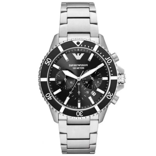 Emporio Armani AR-11360 men's diver chronograph watch with black dial and stainless steel bracelet