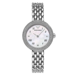 Emporio Armani AR11354 women's watch with a silver case with crystals and pearl dial