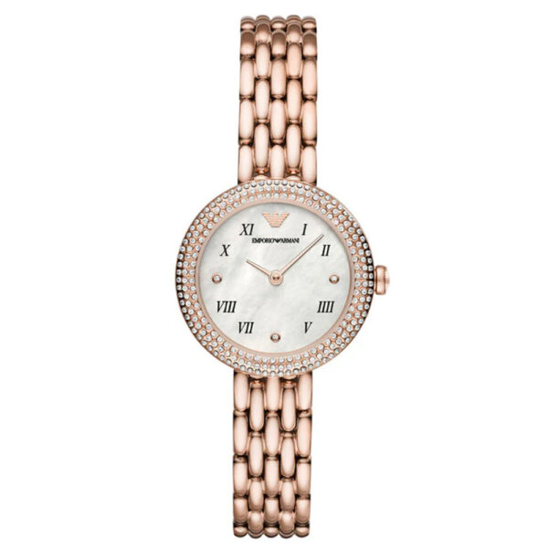 Emporio Armani AR11355 women's watch with a rose gold-tone case with crystals and pearl dial