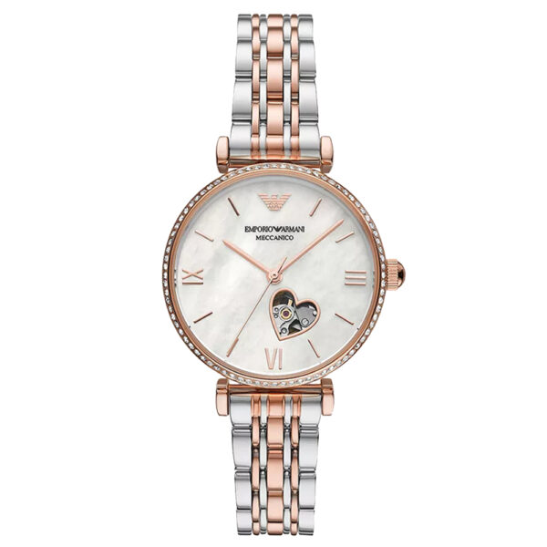 Emporio Armani AR60049 women's watch with pearl dial with rose gold and silver double tone stainless steel strap