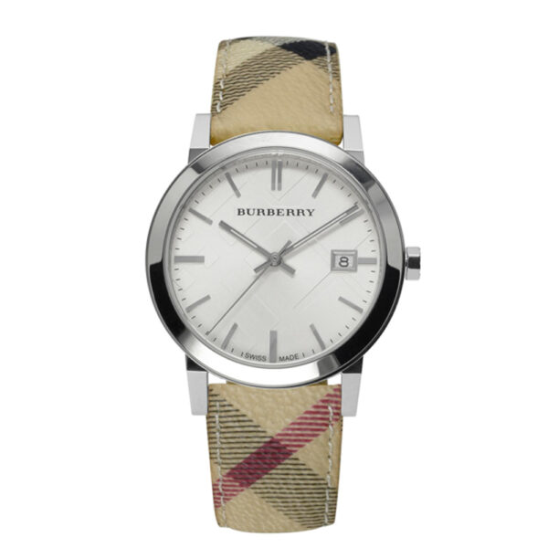 Burberry BU9025, women's watch with white dial and leather strap