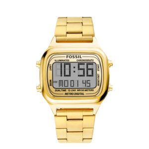 Fossil FS5843, men's watch with gold dial and stainless steel strap.