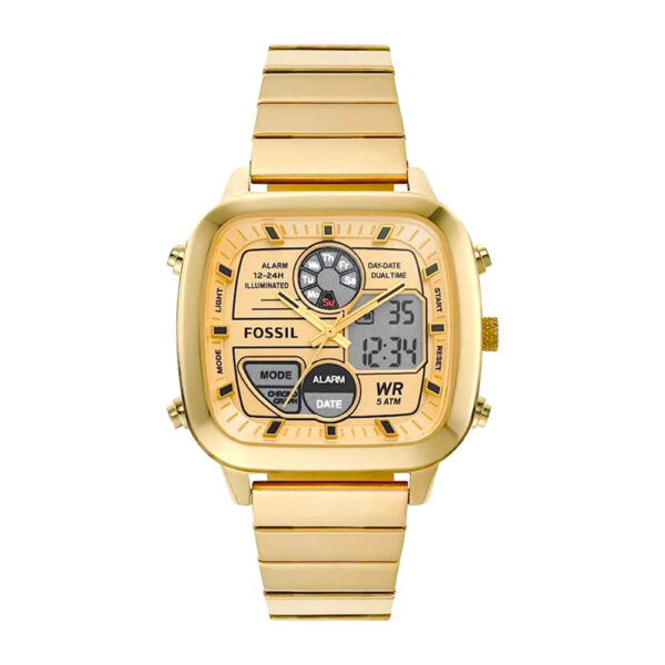 Fossil FS5889, men's watch with gold dial and stainless steel strap.