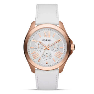 Fossil AM4486, women's watch with white dial and leather strap