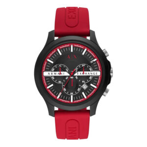 Armani Exchange AX2436, a men's watch with a black dial and red silicone strap.