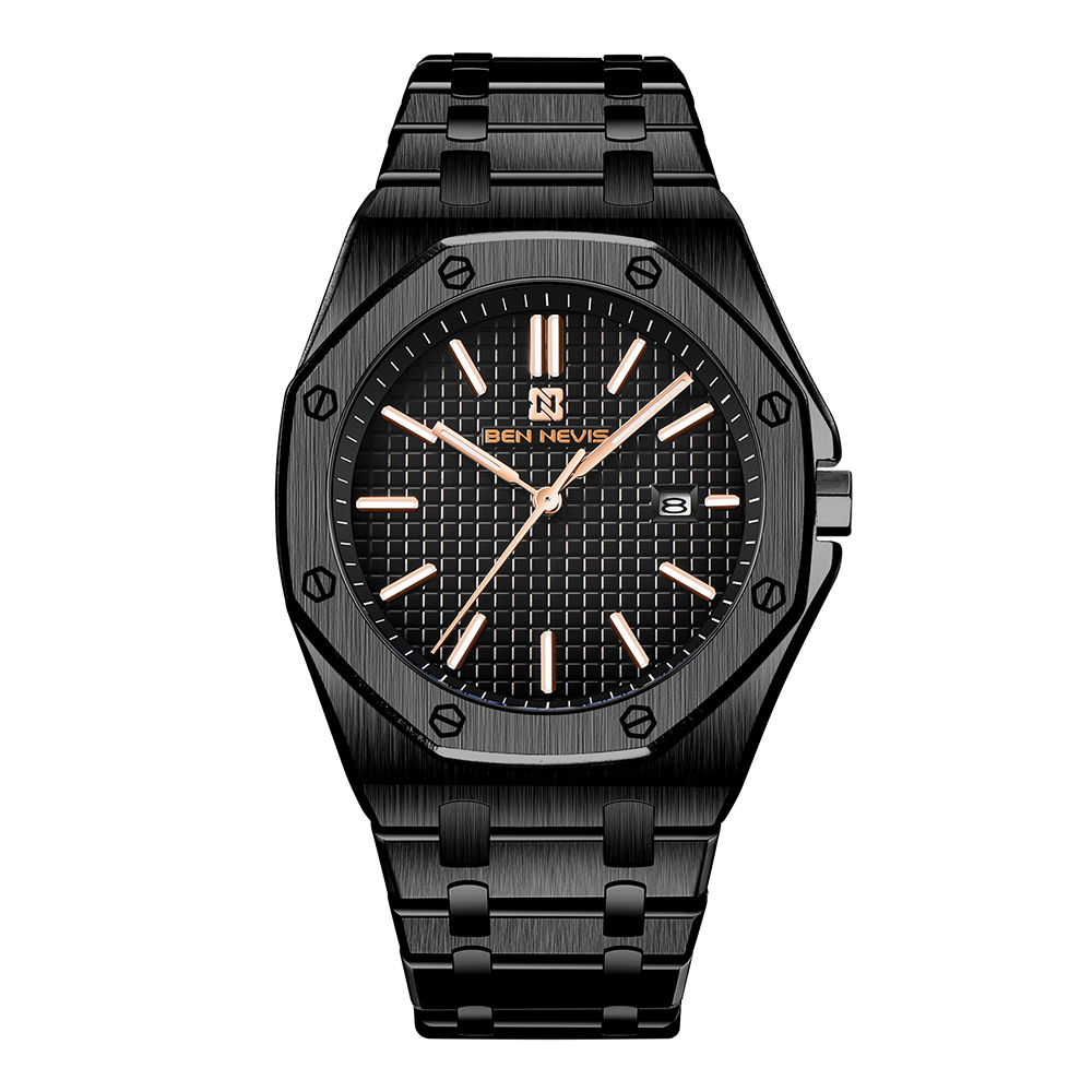 Ben Nevis BN3018G-AllBlack, men's watch with black dial and stainless steel strap