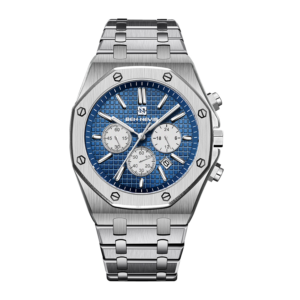 Ben Nevis BN6037G-SilverWhite, men's watch with blue dial and stainless steel strap