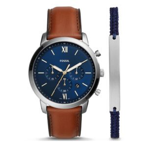 Fossil FS5708SET, men's watch with blue dial and brown leather strap, comes with a bracelet.